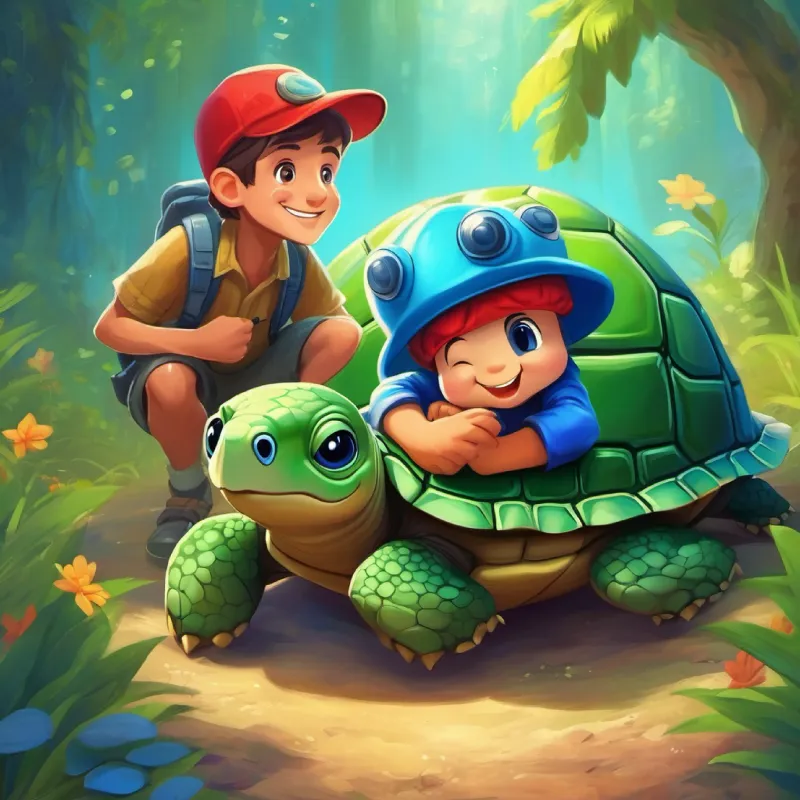 Man with red hat, mustache, blue eyes, and happy smile meets Shy turtle with green shell, cute face, who joins his quest for the lost stars.