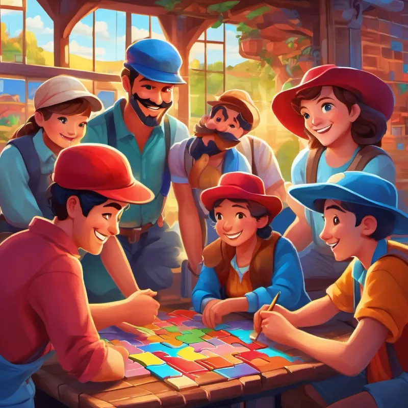 Man with red hat, mustache, blue eyes, and happy smile and friends solve a colorful puzzle to advance on the road.