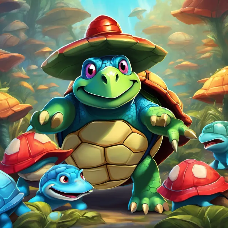 Big, scary turtle with spikes, mean look tries to stop them, but Man with red hat, mustache, blue eyes, and happy smile and friends overcome the challenge.
