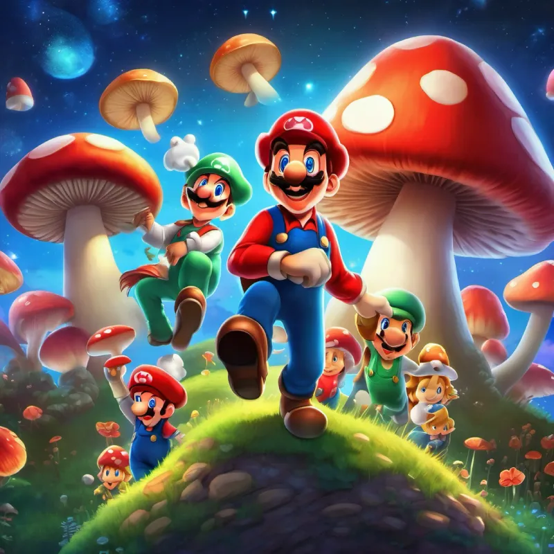 Man with red hat, mustache, blue eyes, and happy smile and friends return the stars, Mushroom Kingdom celebrates their heroism.