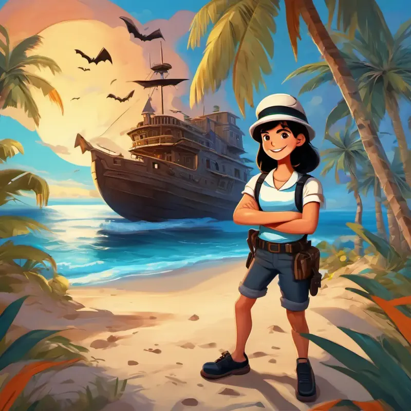 Dark-haired explorer with bright blue eyes and a kind smile lying on a sandy beach, surrounded by tall palm trees and a crashed ship nearby.