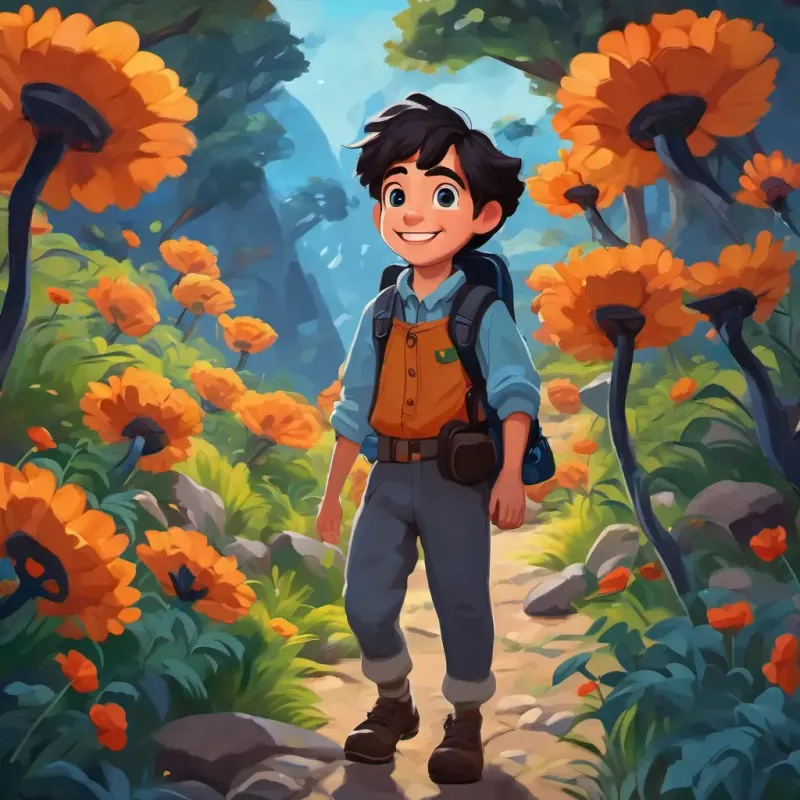 Dark-haired explorer with bright blue eyes and a kind smile walking with wide eyes, amazed by giant flowers, trees, and rocks.