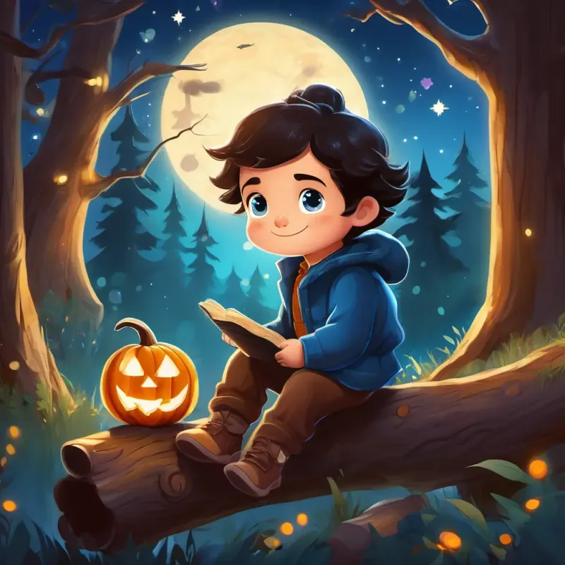 Dark-haired explorer with bright blue eyes and a kind smile sitting on a log, listening attentively to a Furry and brown, with mischievous gleaming eyes, surrounded by glowing trees and sparkling stars.