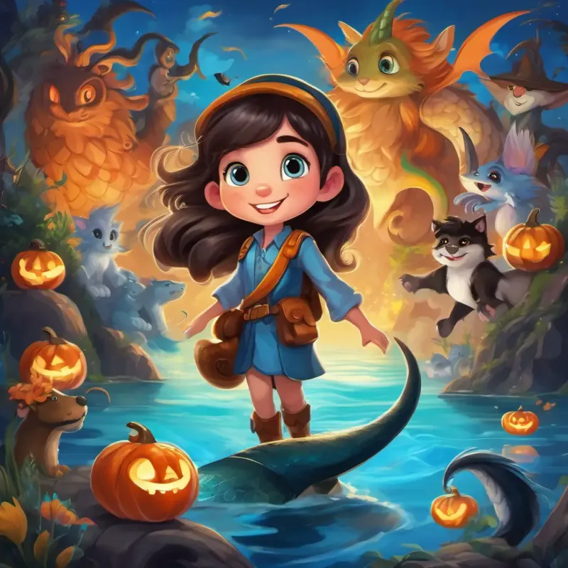 Dark-haired explorer with bright blue eyes and a kind smile and the Furry and brown, with mischievous gleaming eyes amazed by mermaids, unicorns, and a friendly dragon.