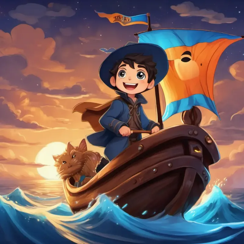 Dark-haired explorer with bright blue eyes and a kind smile sailing away on his ship, waving back to the Furry and brown, with mischievous gleaming eyes, with the sparkling island in the distance.