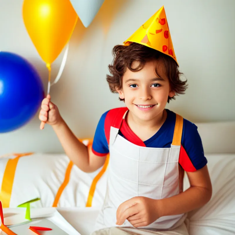 Happy boy with brown hair and a party hat smiling in bed under birthday balloons