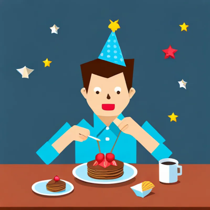 Happy boy with brown hair and a party hat eating pancakes with a candle on top