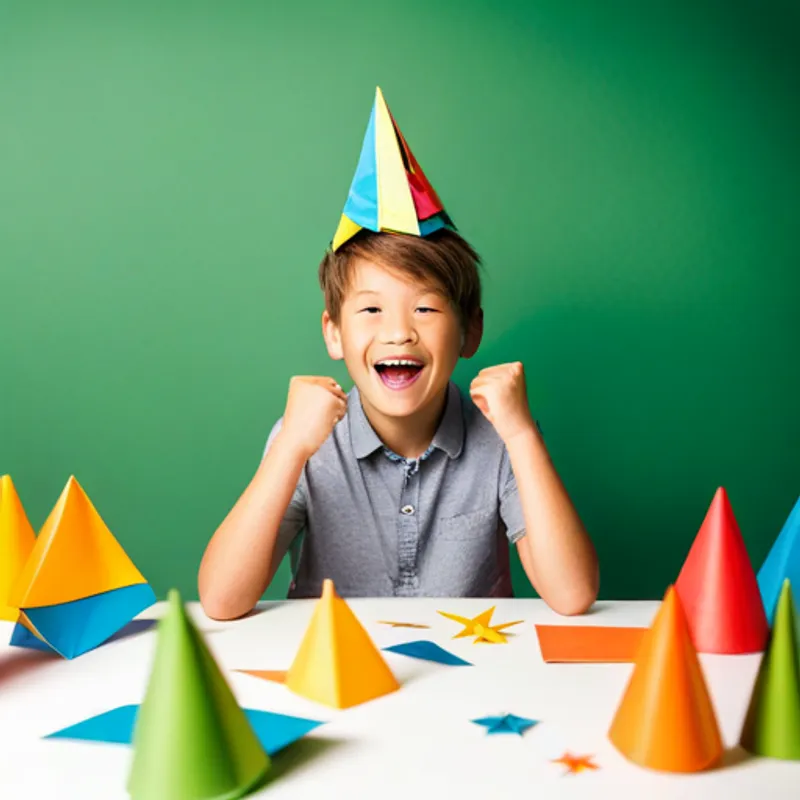 Happy boy with brown hair and a party hat with friends playing games and laughing