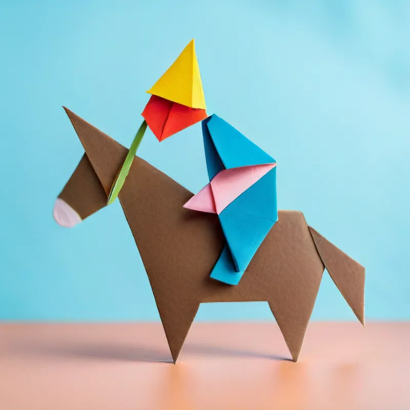 Happy boy with brown hair and a party hat playing pin the tail on the donkey