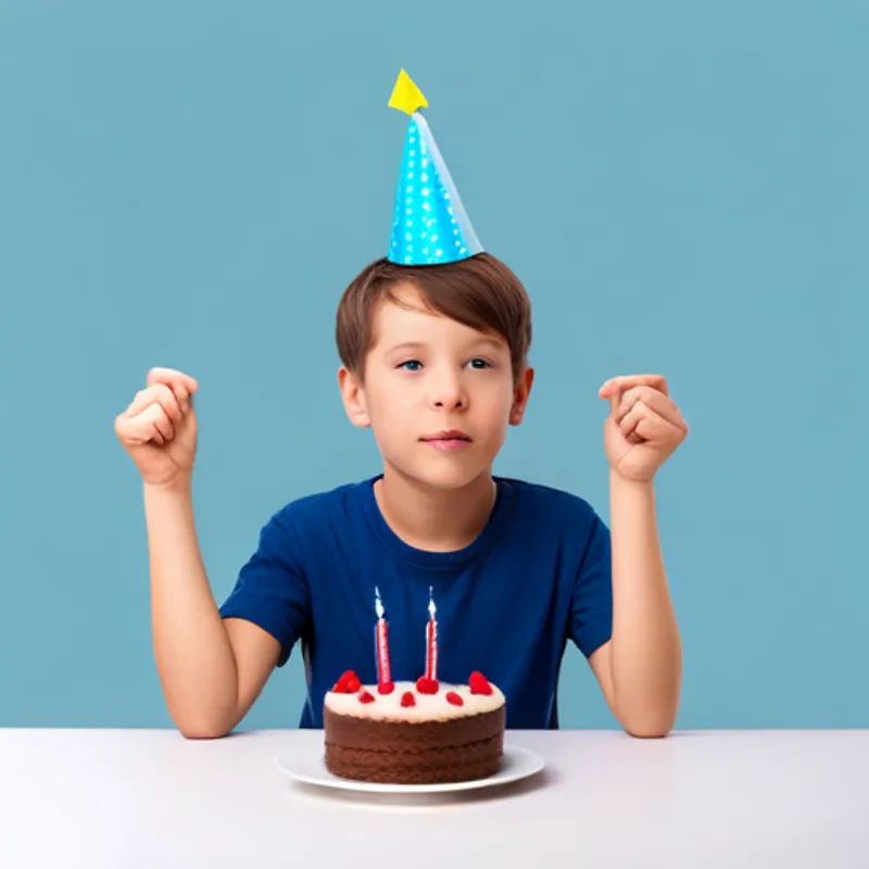 Happy boy with brown hair and a party hat making a wish with birthday cake
