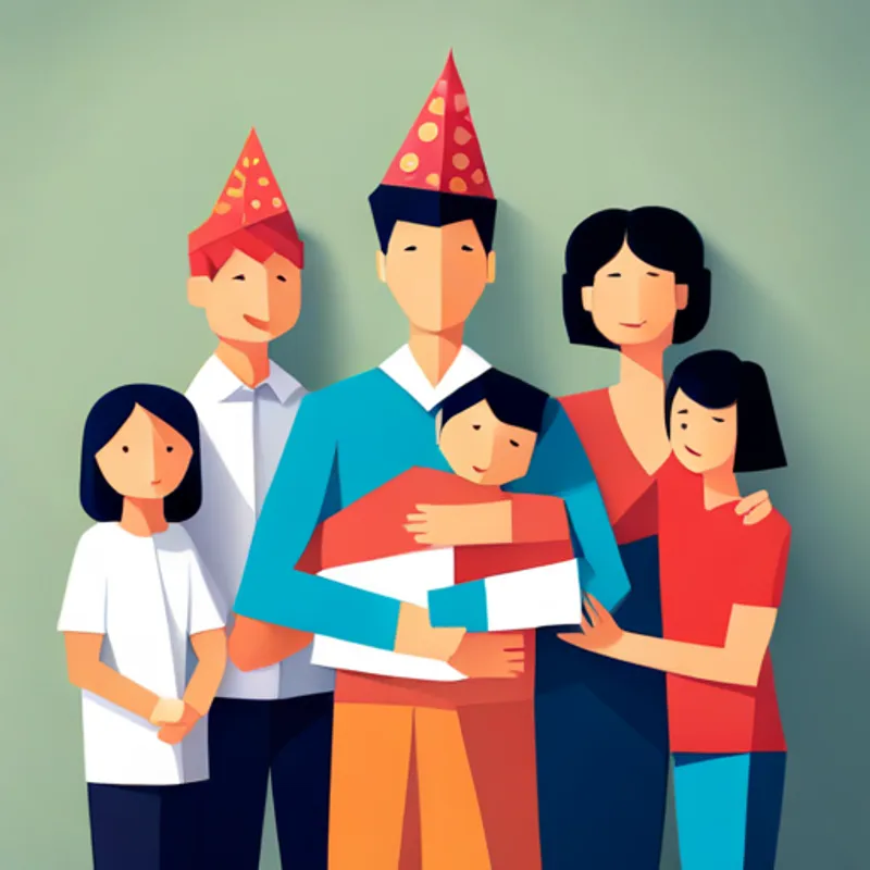 Happy boy with brown hair and a party hat hugging his family and friends