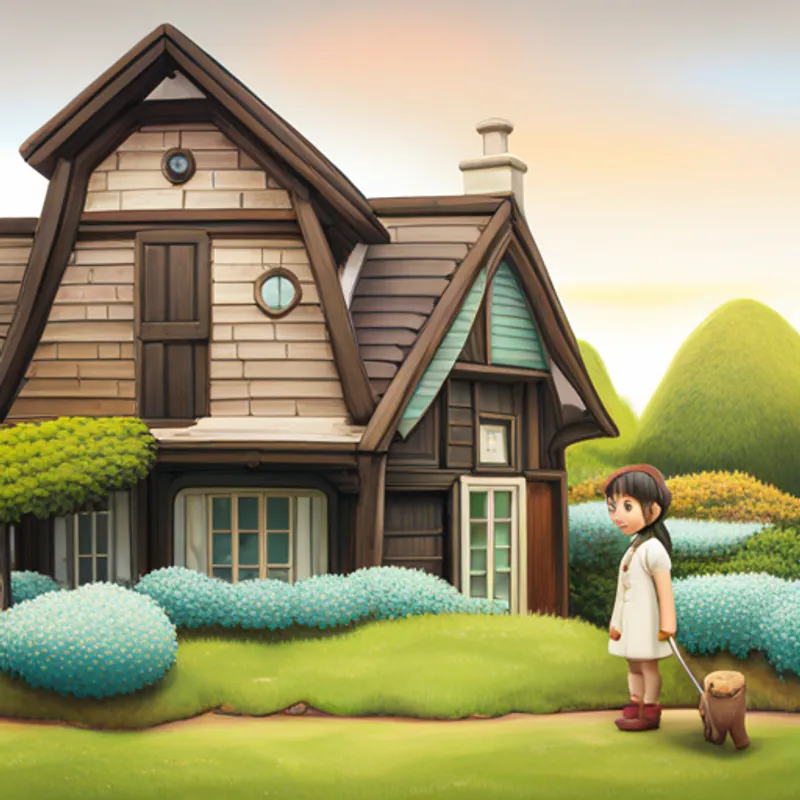 Amelia in front of her small cottage