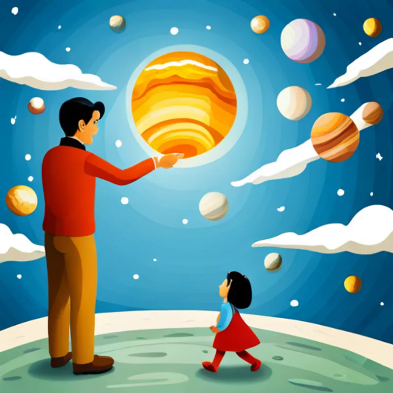 Amelia and her father pointing at a model of the solar system