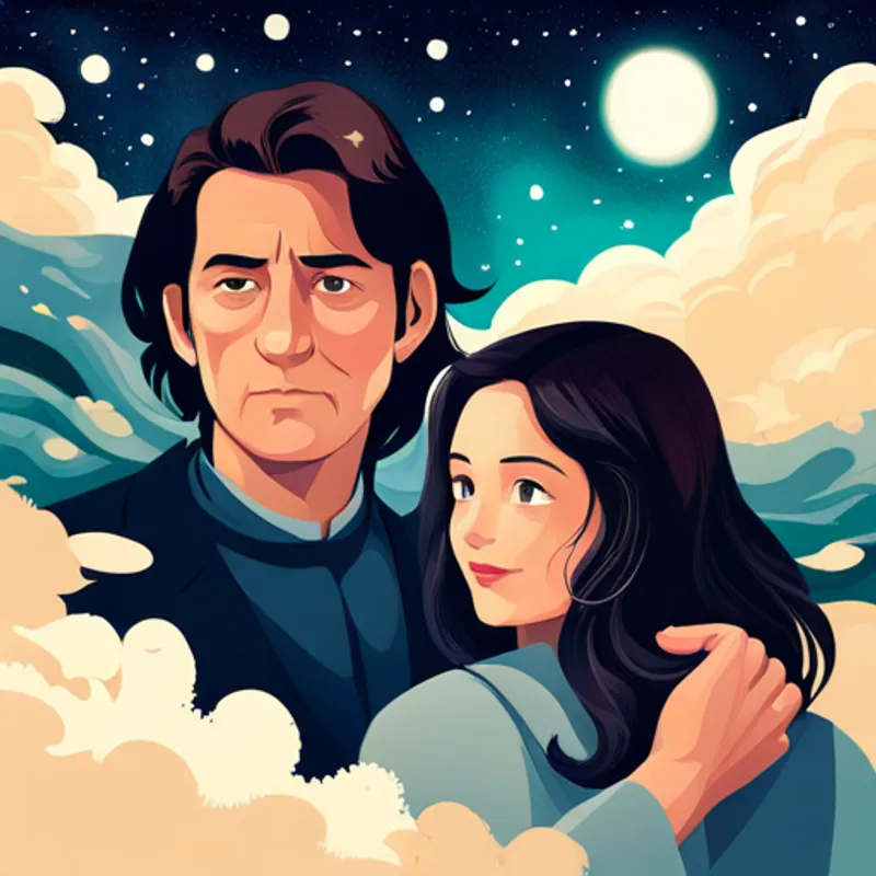 Amelia and her father surrounded by stars and galaxies