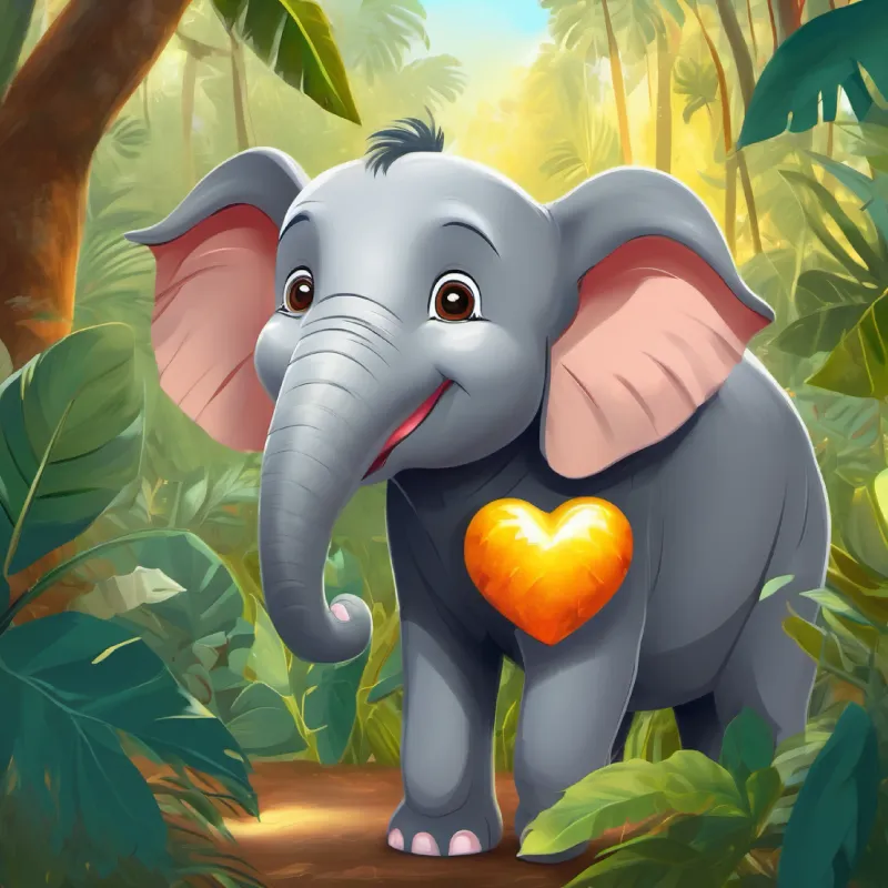 Happy elephant with a big heart and a big smile, gray skin, and bright twinkling eyes meets Playful monkey with twinkling eyes, brown fur, and a mischievous grin, the playful monkey, in the sunny jungle.