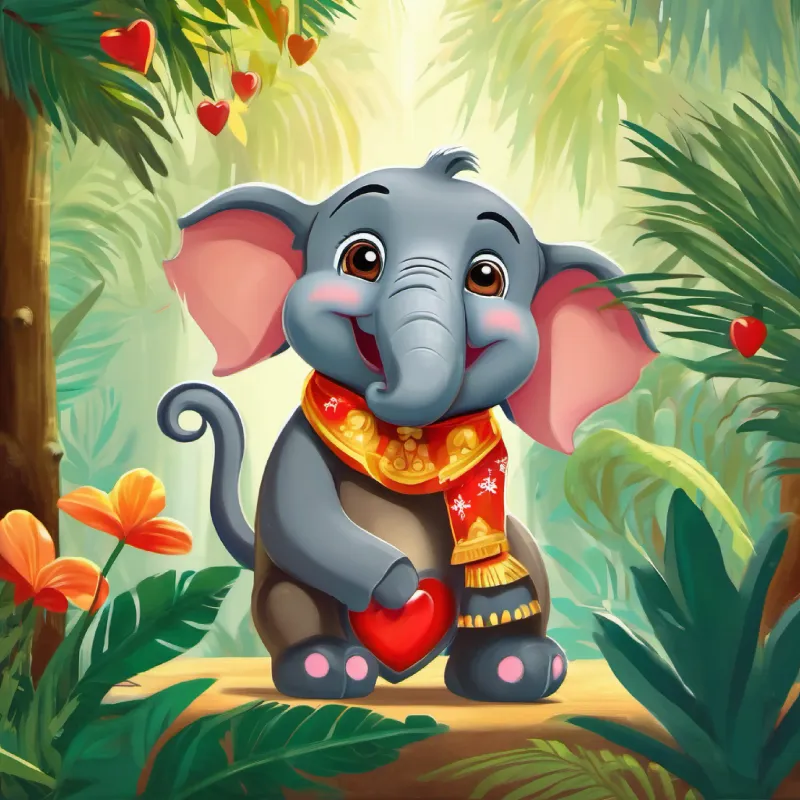 Happy elephant with a big heart and a big smile, gray skin, and bright twinkling eyes's joyful heart and meeting Playful monkey with twinkling eyes, brown fur, and a mischievous grin, the playful monkey, in the sunny jungle.