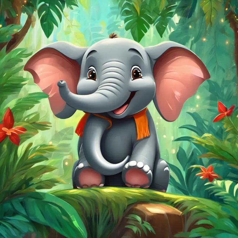 Happy elephant with a big heart and a big smile, gray skin, and bright twinkling eyes and Playful monkey with twinkling eyes, brown fur, and a mischievous grin quickly become best friends in the green jungle.