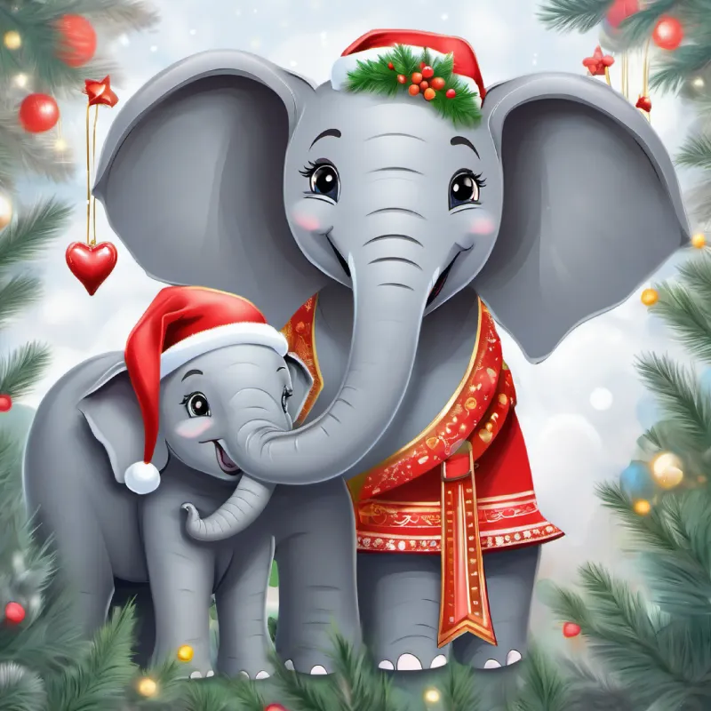 Happy elephant with a big heart and a big smile, gray skin, and bright twinkling eyes wants to share her joy with her best friend, Kind elephant with a gentle smile, gray skin, and wise eyes the Elephant.