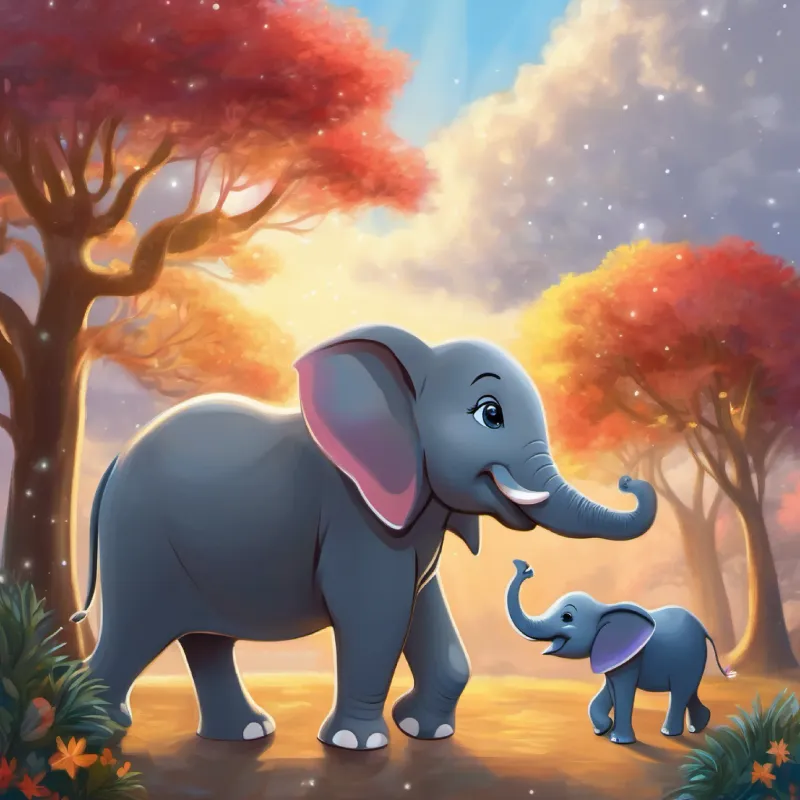 Happy elephant with a big heart and a big smile, gray skin, and bright twinkling eyes shares her big news with her best friend, Kind elephant with a gentle smile, gray skin, and wise eyes, while relaxing in the warm sunshine.