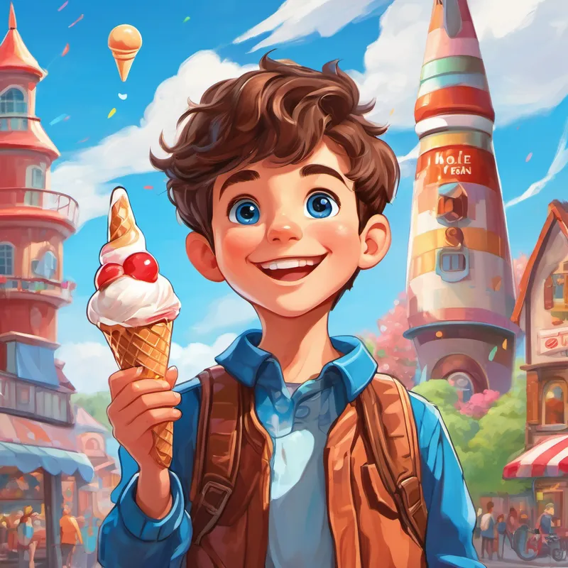 A young boy with brown hair, bright blue eyes, and a big smile standing in front of his ice cream rocket in Candyville