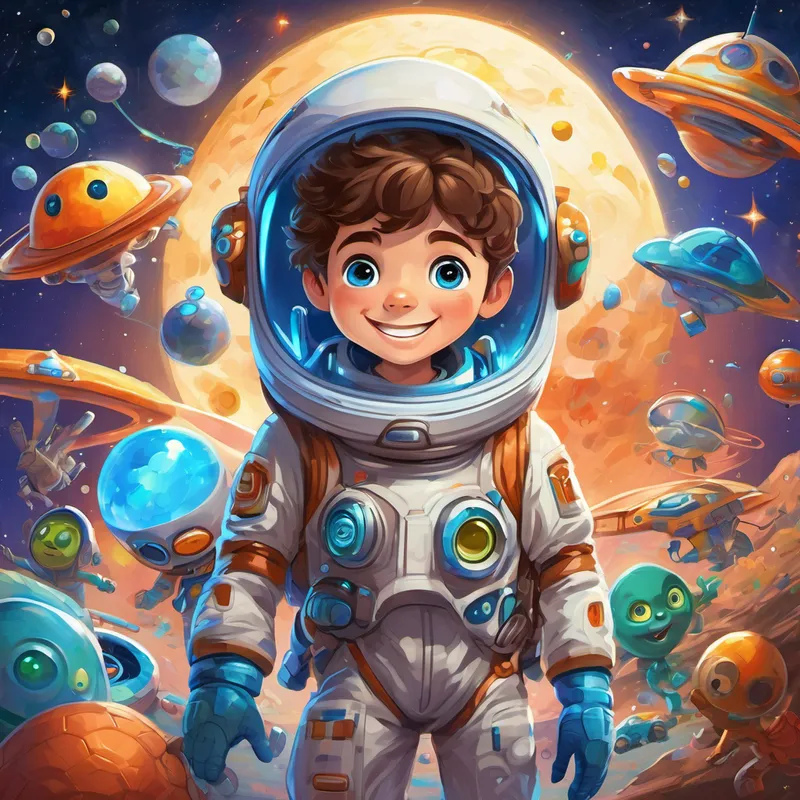A young boy with brown hair, bright blue eyes, and a big smile and Colorful, friendly aliens with different shapes and sizes They have large eyes and wear spacesuits in spacesuits, bouncing and pointing at numbers