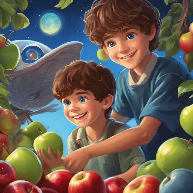 A young boy with brown hair, bright blue eyes, and a big smile helping the first alien with adding apples