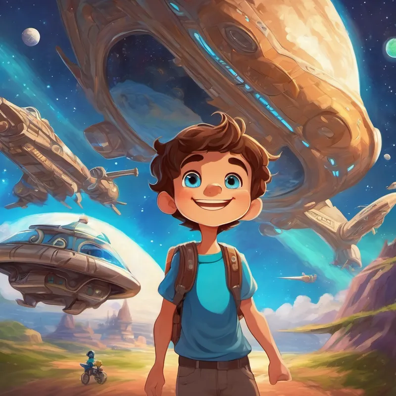 A young boy with brown hair, bright blue eyes, and a big smile and the second alien counting spaceships and smiling