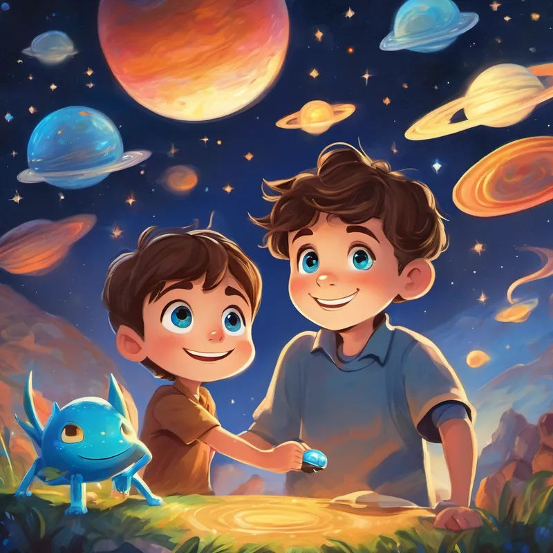 A young boy with brown hair, bright blue eyes, and a big smile helping the third alien by counting colorful stars