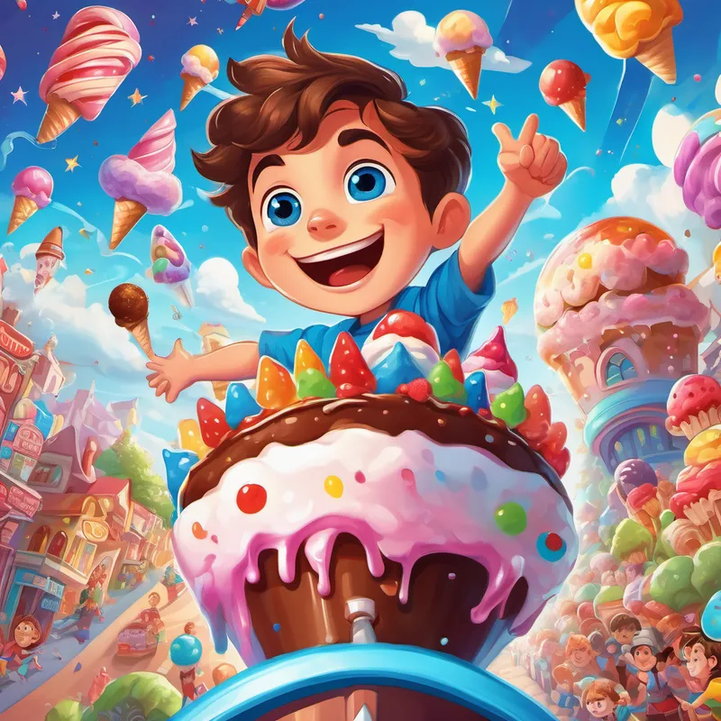 A young boy with brown hair, bright blue eyes, and a big smile returning to Candyville in his ice cream rocket, surrounded by cheering aliens