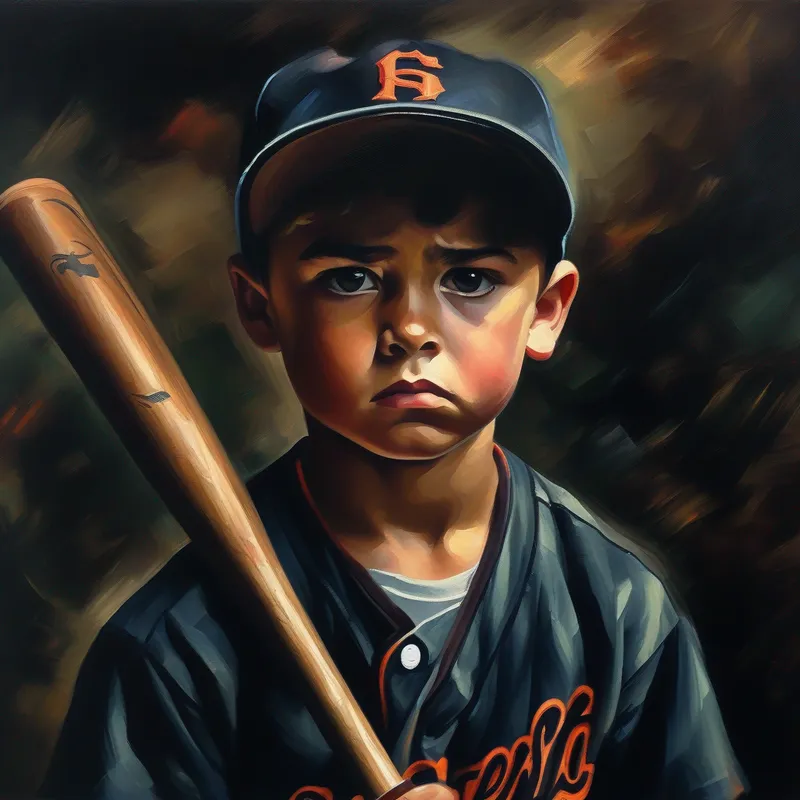 Young boy wearing a baseball hat, holding a bat.'s struggle, dark colors, disappointed expression