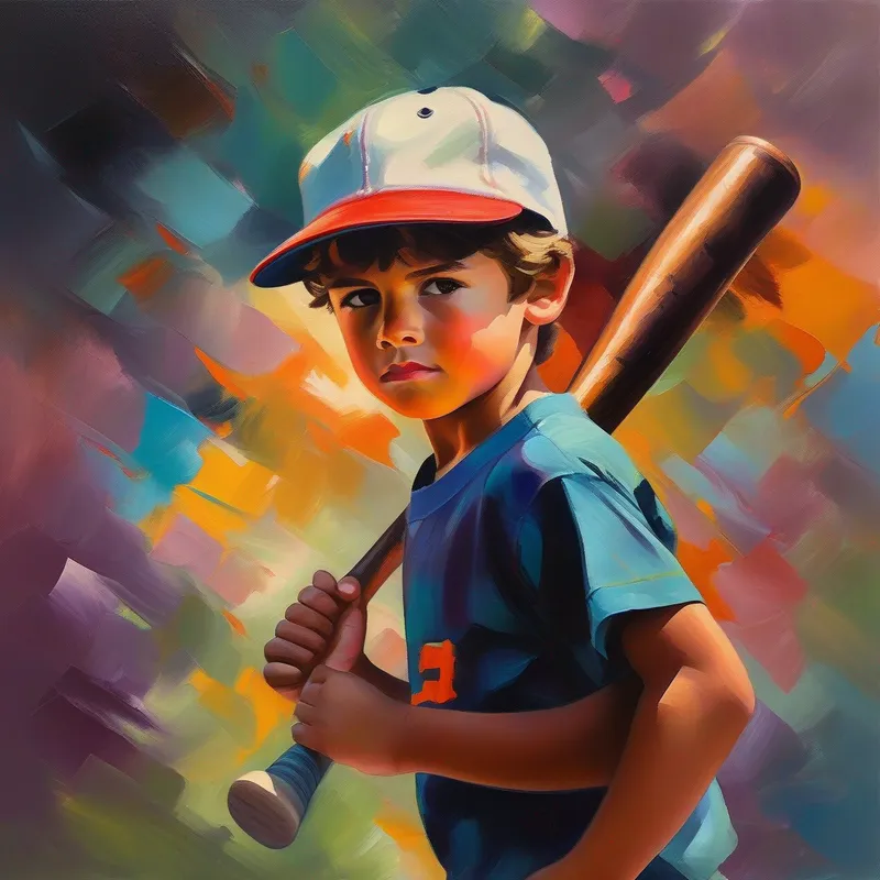 Young boy wearing a baseball hat, holding a bat. practicing hard, bright colors, determined expression