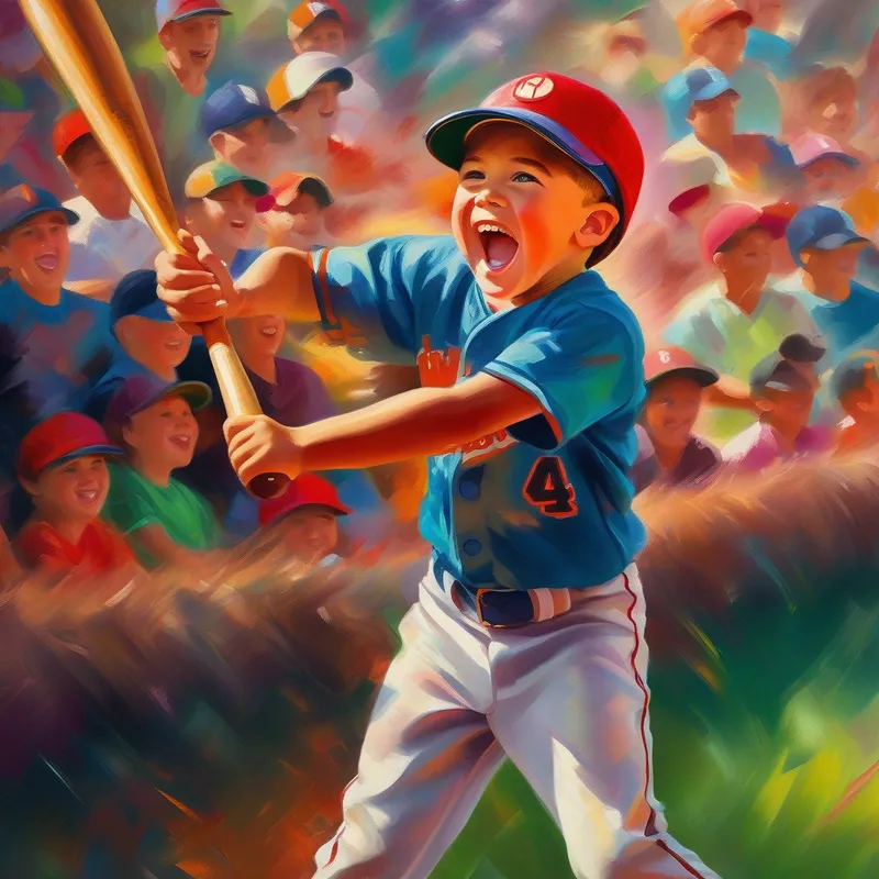 Young boy wearing a baseball hat, holding a bat. hitting a home run, vibrant colors, excited expression