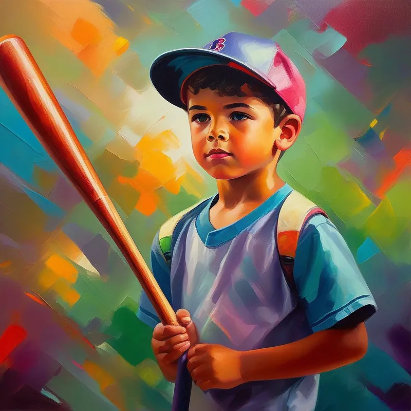 Young boy wearing a baseball hat, holding a bat. playing with determination, confident expression, colorful background