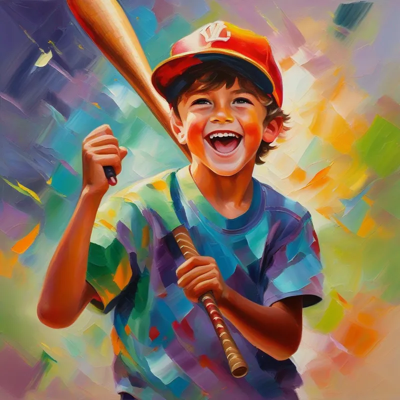 Young boy wearing a baseball hat, holding a bat. celebrating victory, joyful expression, bright colors