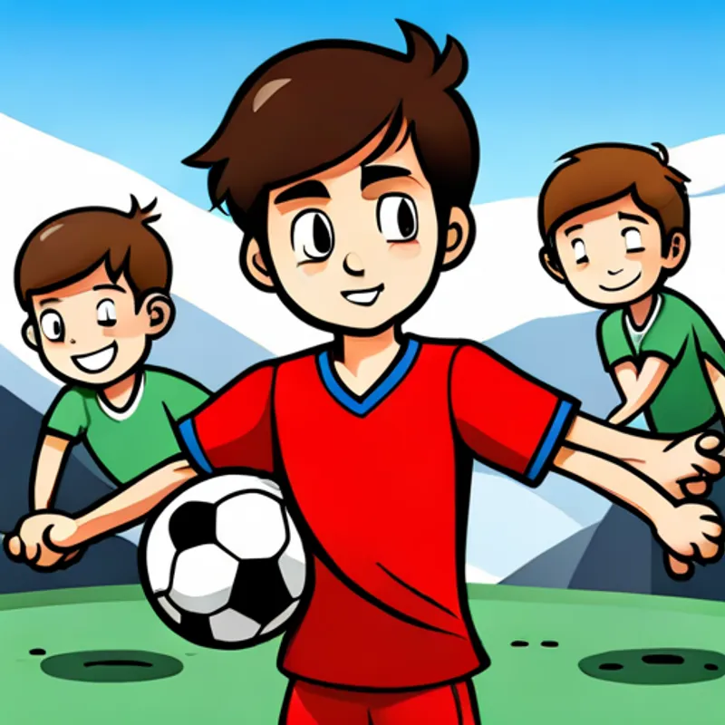 Brown hair, blue eyes, wearing a red soccer jersey playing soccer with his friends in the village