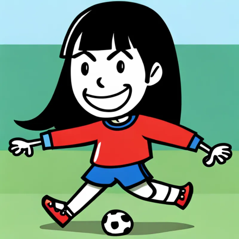 Brown hair, blue eyes, wearing a red soccer jersey and Black hair, brown eyes, wearing a green sweater playing soccer and laughing