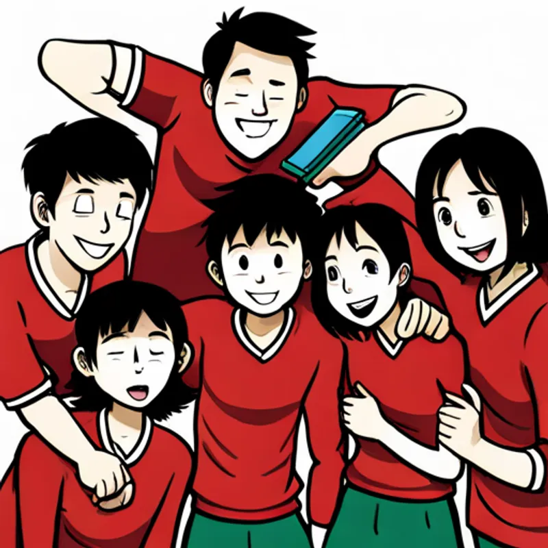 Brown hair, blue eyes, wearing a red soccer jersey, Black hair, brown eyes, wearing a green sweater, and their friends painting and laughing