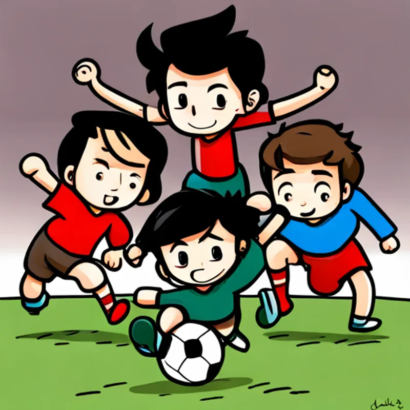 Brown hair, blue eyes, wearing a red soccer jersey, Black hair, brown eyes, wearing a green sweater, and their friends playing soccer together