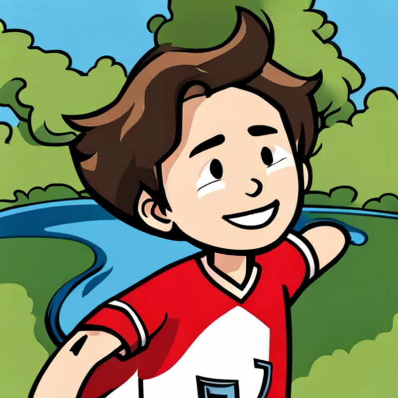 Brown hair, blue eyes, wearing a red soccer jersey smiling and feeling proud with his friends