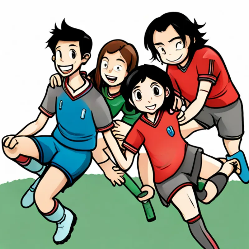 Brown hair, blue eyes, wearing a red soccer jersey, Black hair, brown eyes, wearing a green sweater, and their friends holding hands and smiling