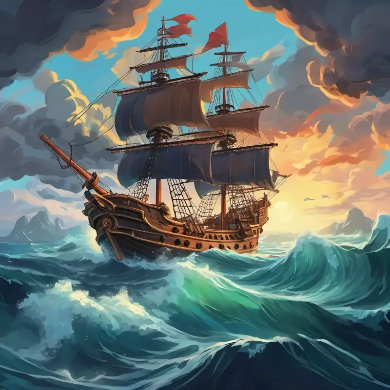 Picture a mighty pirate ship sailing through stormy seas towards a mysterious island.