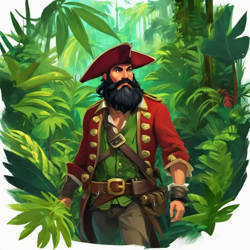 Imagine Bold pirate captain, black beard, piercing green eyes, fearless leader leading his crew through a dense jungle, with hidden dangers lurking around.