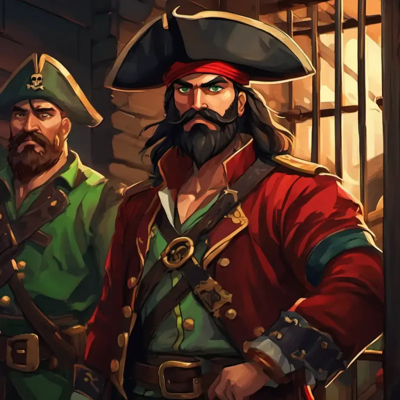 Visualize Bold pirate captain, black beard, piercing green eyes, fearless leader locked in a dark prison cell while his crew is led by the treacherous Cunning first mate, red eye patch, scruffy brown hair, deceptive.