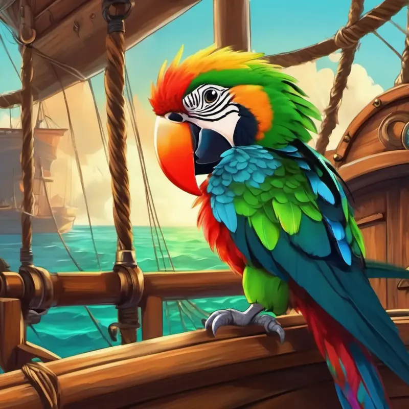 Imagine Friendly parrot with colorful feathers, mischievous and intelligent the parrot delivering secret messages between Bold pirate captain, black beard, piercing green eyes, fearless leader and Jack, the ship's carpenter.