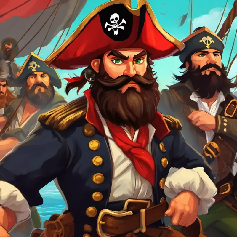 Visualize Bold pirate captain, black beard, piercing green eyes, fearless leader leading an epic battle against Cunning first mate, red eye patch, scruffy brown hair, deceptive and his mutinous crew.