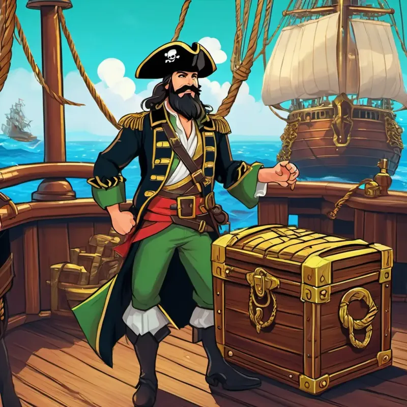 Picture Bold pirate captain, black beard, piercing green eyes, fearless leader standing triumphantly on the ship's deck, with the treasure chest in sight and his loyal crew celebrating.
