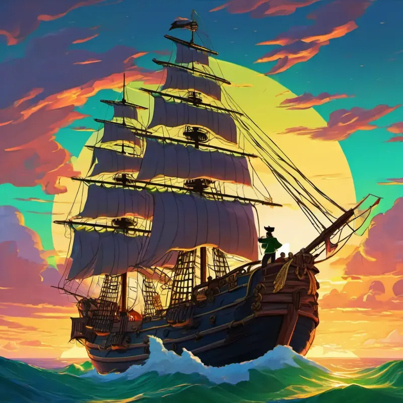 Imagine Bold pirate captain, black beard, piercing green eyes, fearless leader bidding farewell to his crew, with the ship sailing away into the sunset.