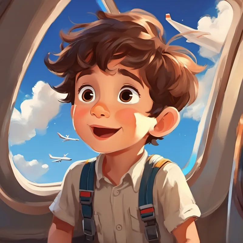 Curious little boy with messy brown hair smiling and pointing at the sky, knowing the secrets of airplane flight
