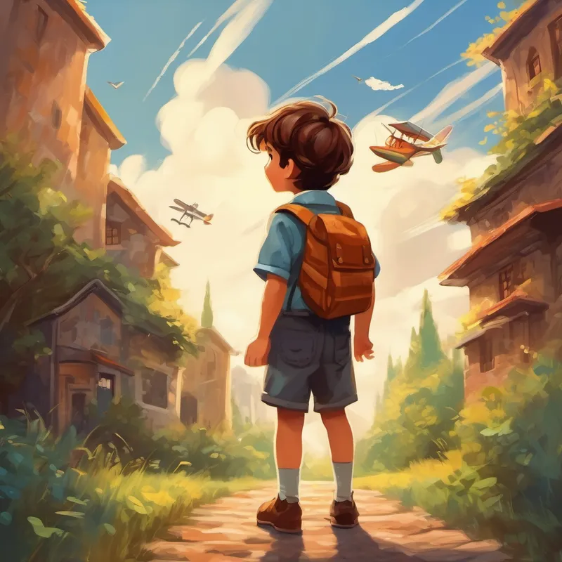 Curious little boy with messy brown hair waving goodbye to the engineer and imagining himself flying in the sky