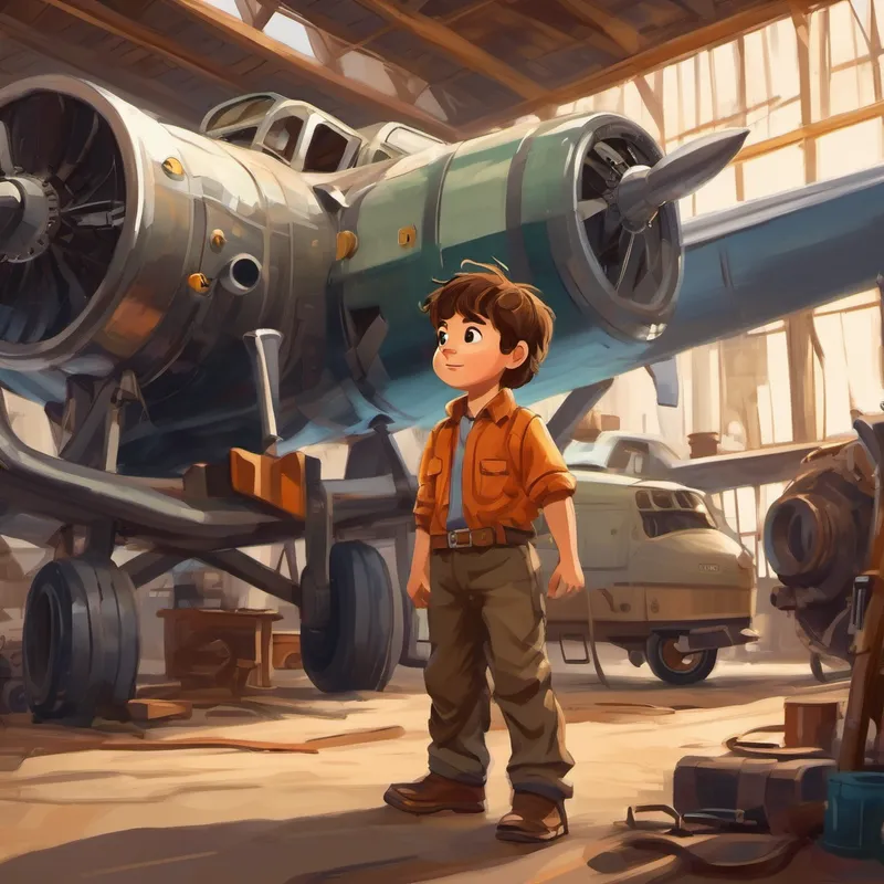 Curious little boy with messy brown hair standing next to the  airplanes engineer in the workshop